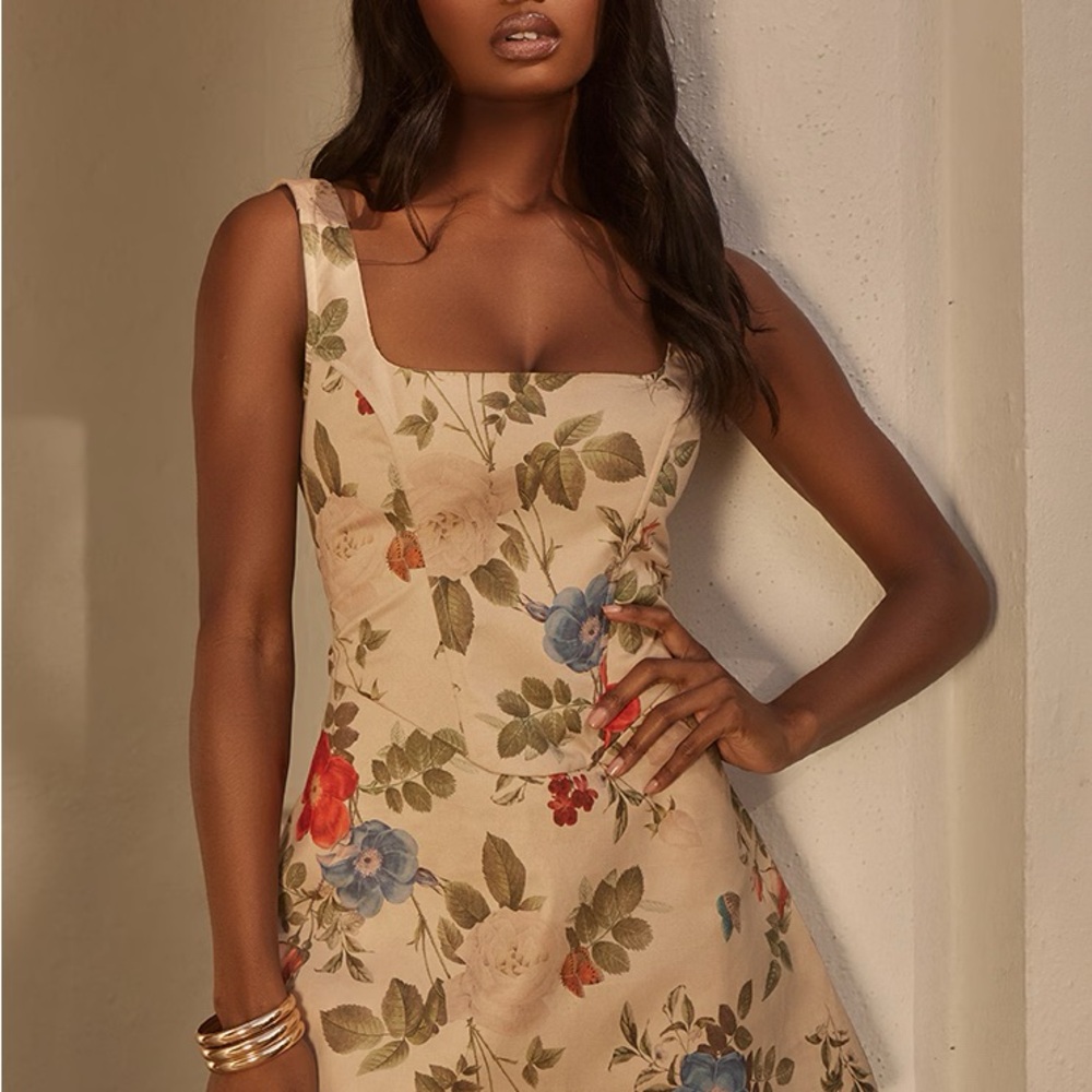 New PrettyLittleThing Beige and Green Patterned Dress
